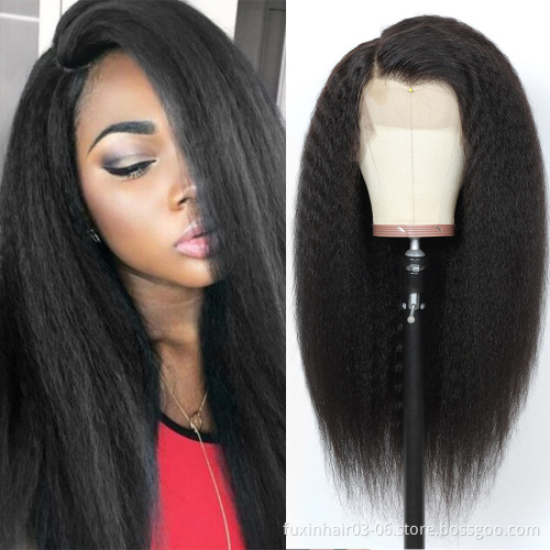 Kinky Straight Full Lace Wig Bleached Knots Human Hair Pre Plucked Yaki Hair Lace Wig with Bangs Transparent Lace Front Wigs